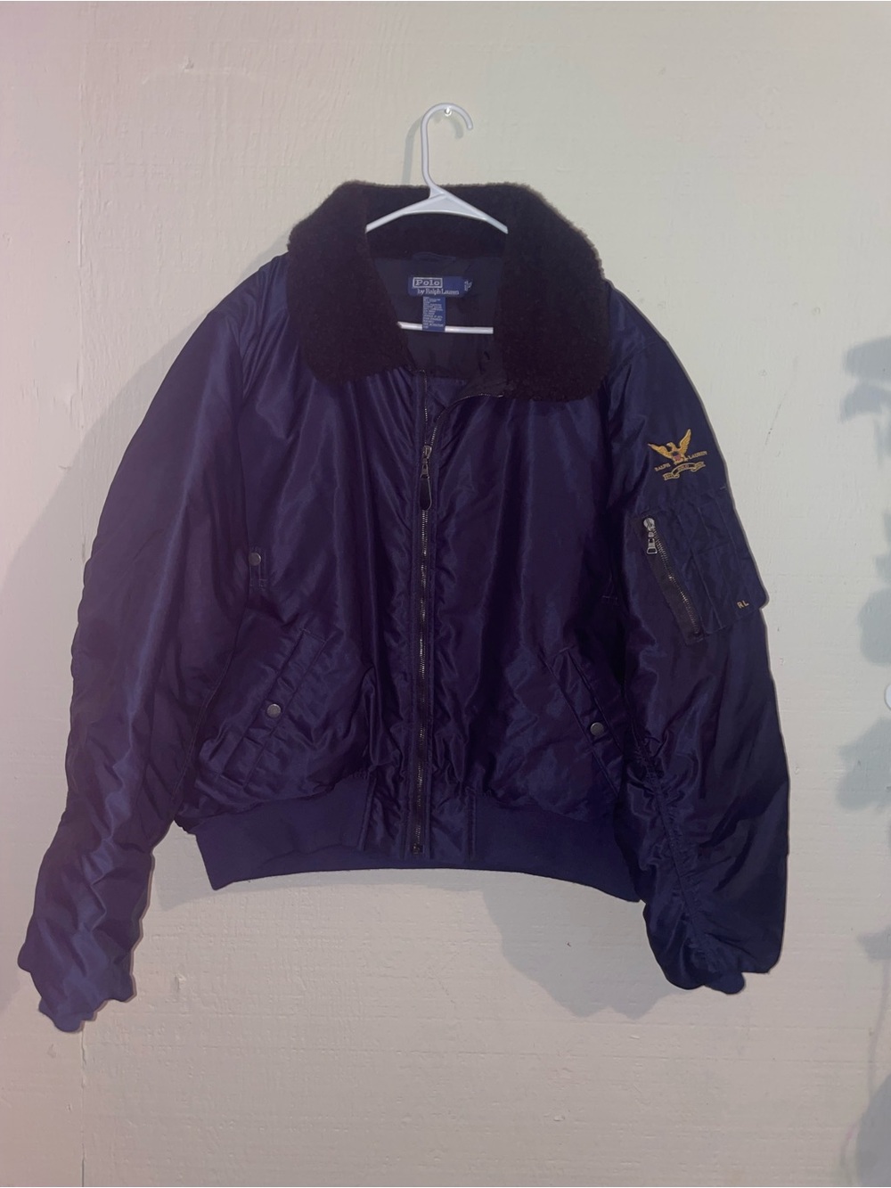 Vintage rare 90s navy blue polo Ralph Lauren flight bomber jacket with fur neck